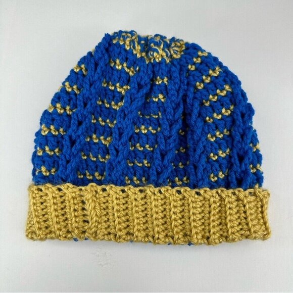 Handmade Unisex New Blue Gold Striped Winter Crochet Beanie - Adult S/M‎ - Picture 6 of 9